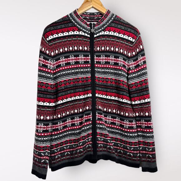 Breckenridge Full Zip 100% Cotton Red Black Cardigan Sweater Women's Size‎ Small - Picture 1 of 8